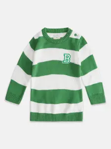 Pantaloons Baby Boys Green & White Colourblocked Striped Pullover with Applique Detail