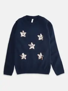 Pantaloons Junior Girls Navy Blue & White Pullover with Embellished Detail