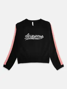 Pantaloons Junior Girls Black & White Typography Crop Pullover with Embellished Detail