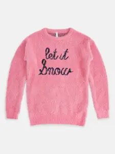 Pantaloons Junior Girls Pink & Black Typography Pullover with Fringed Detail