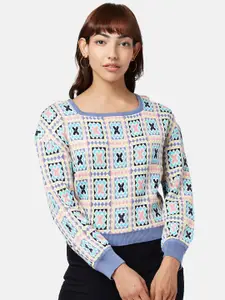 People Women White & Blue Crop Cotton Pullover