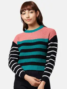 People Women Teal & Black Striped Pullover
