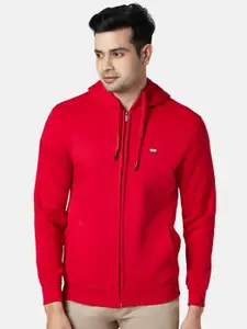 BYFORD by Pantaloons Men Red Solid Front Open Hooded Sweatshirt