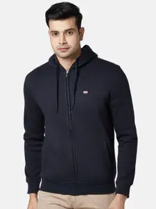BYFORD by Pantaloons Men Navy Blue Solid Front Open Hooded Sweatshirt