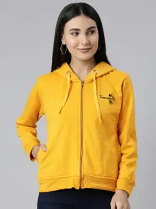 ADBUCKS Women Mustard Yellow Embroidered Hooded Sweatshirt