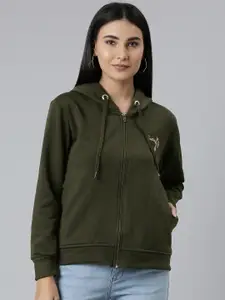 ADBUCKS Women Olive Green Embroidered Hooded Sweatshirt