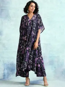 trueBrowns Women Black Floral Printed Flared Sleeves Velvet Kaftan Kurta