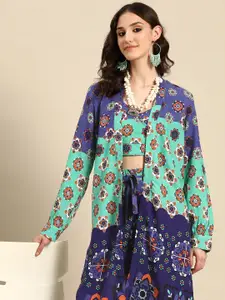 Sangria Women Printed Co-ords with Longline Jacket