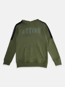 Pantaloons Junior Boys Olive Green Cotton Printed Hooded Sweatshirt