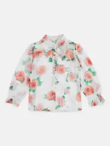 Pantaloons Junior White & Peach-Coloured Floral Print Cotton Shirt Style Top