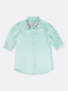 Pantaloons Junior Sea Green Floral Embroidered Cotton Shirt Style Top