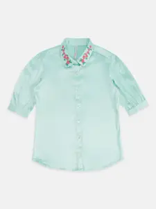 Pantaloons Junior Sea Green Floral Embroidered Cotton Shirt Style Top
