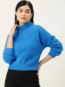 Koton Women Blue Solid Fuzzy Detail Sweater