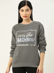 Koton Women Grey Printed Sweatshirt With Embellished Detail