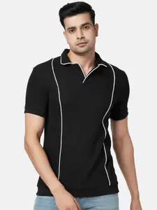 People Men Black Polo Collar Slim Fit T-shirt