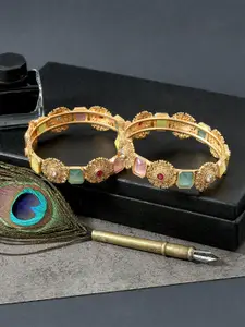 AccessHer Set Of 2 Gold-Plated Pink & Green Stone-Studded Bangles