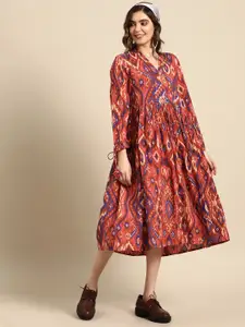 Sangria Cotton Printed Wrap Style Midi Dress