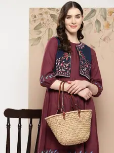 Sangria Solid Cotton Ethnic A-Line Dress with Jacket