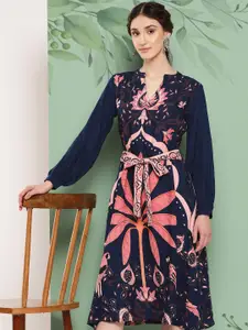 Sangria Floral Print Fit & Flare Ethnic Dress with Belt