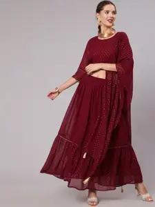 Jaipur Kurti Women Maroon Printed Ready to Wear Lehenga & Blouse With Dupatta