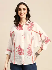 Sangria Floral Printed Pure Cotton Batwing Sleeves Shirt Style Top