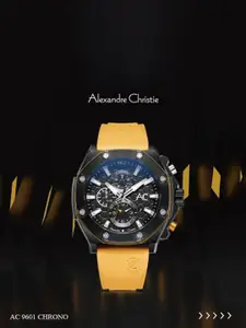 Alexandre Christie Men Black Dial & Yellow Straps AC 9601 MCR Chronograph Analogue Watch