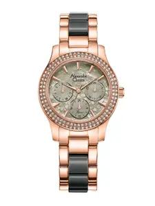 Alexandre Christie Women Grey Embellished Dial & Rose Gold Toned Stainless Steel Bracelet Style Straps Watch