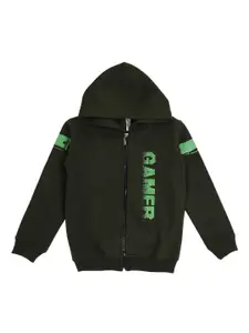 earth conscious Boys Olive Green Typography Printed Fleece Hooded Bomber Jacket