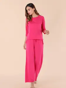 Nite Flite Women Pink Solid Modal Round Neck Night suit