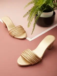 Tokyo Talkies Gold-Toned Embellished Block Heels