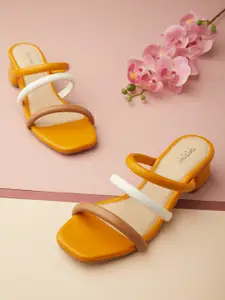 Tokyo Talkies Mustard Embellished Block Sandals with Buckles