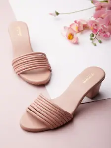 Tokyo Talkies Nude-Coloured Synthetic Striped Block Heel Mules