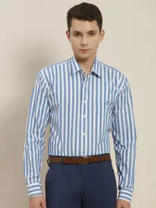 Hancock Men Blue & White Slim Fit Striped Cotton Formal Shirt