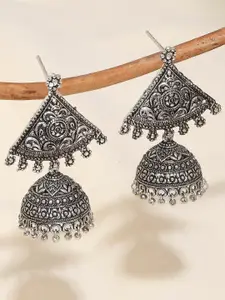 OOMPH Silver-Toned Geometric Jhumkas Earrings