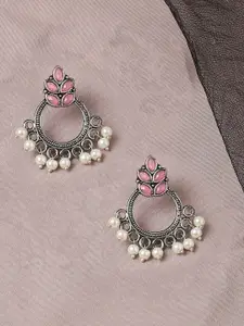 OOMPH Silver-Toned & Pink Floral Chandbalis Earrings