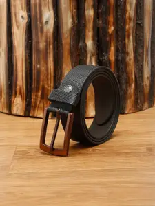 MUTAQINOTI Men Black Textured Leather Formal Belt