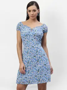 aayu Women Blue Floral Printed Tie-Up Neck Crepe A-Line Dress