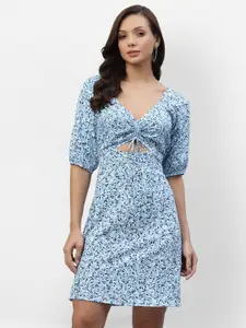 aayu Women Blue & White Floral Crepe A-Line Dress