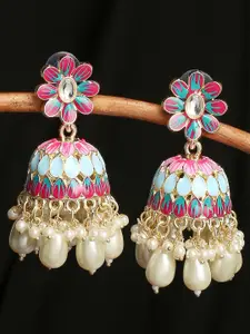 OOMPH Gold-Toned & Blue Floral Jhumkas Earrings