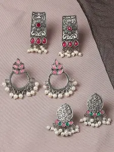 OOMPH Silver-Toned & Red Floral Set Of 3 Jhumkas Earrings