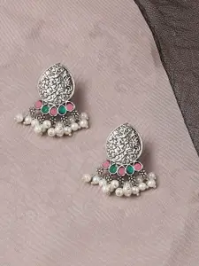 OOMPH Silver-Toned & Pink Floral Drop Earrings