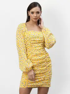 aayu Women Yellow & White Floral Georgette Bodycon Dress
