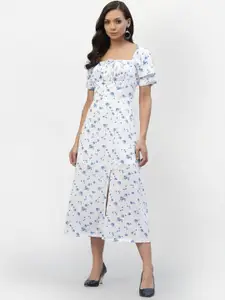 aayu Women Blue & Blue Floral Printed Crepe A-Line Midi Dress