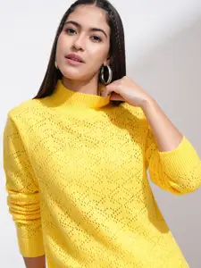 Tokyo Talkies Women Yellow Solid High Neck Long Sleeve Pullover