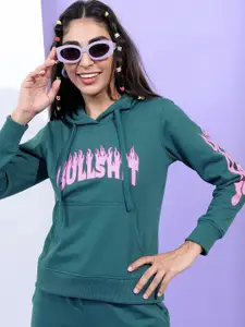 Tokyo Talkies Women Teal Printed Hooded Sweatshirt