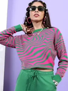 Tokyo Talkies Women Pink & Green Geometric Jacquard Acrylic Crop Sweater