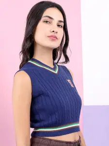 Tokyo Talkies Women Navy Blue & White Acrylic Crop Sweater