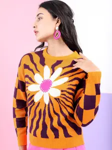 Tokyo Talkies Women Yellow & Purple Floral Jacquard Pullover Sweater