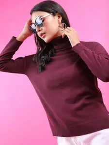 Tokyo Talkies Tokyo Talkies Women Maroon Turtle Neck Acrylic Sweater