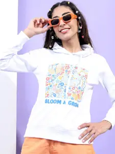 Tokyo Talkies Women White Printed Hooded Sweatshirt